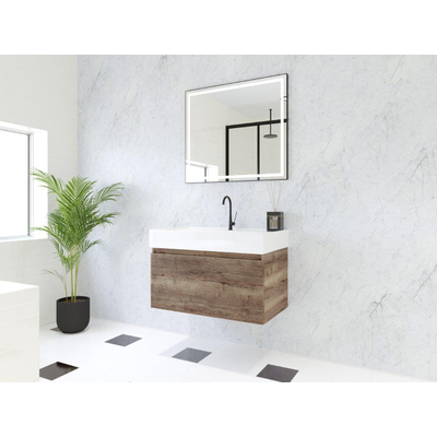 HR Matrix ensemble meuble de salle de bain 3d 80cm 1 tiroir sans poignée avec bandeau couleur charleston avec vasque kube 1 trou robinet blanc