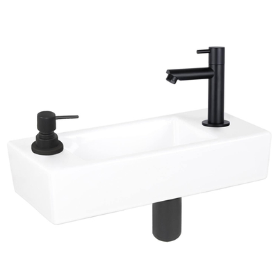 Differnz sapon ensemble de lave-mains droit 42,5x18,5x9 cm distributeur de savon intédegrés céramique blanc avec robinet siphon et tapis de déchets noir