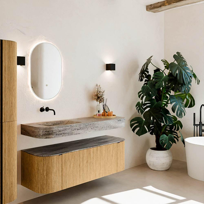 MONDIAZ THOR-DLUX 140cm meuble de salle de bains arrondi gauche + droite couleur Oak avec 1 tiroir et 2 portes. Vasque suspendue CLOUD Gauche sans trou de robinet couleur Oza.