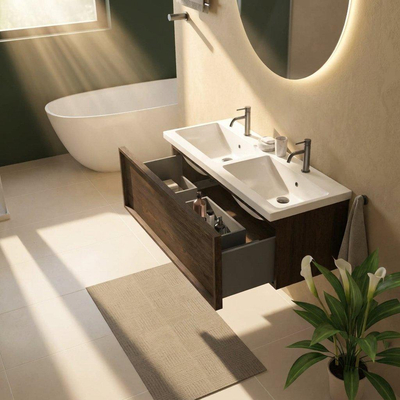 Saniclass Holz Frame Ensemble de meuble de salle de bains - 120x45x43.5cm - lavabo Bari en céramique blanc - 2 vasques - 2 trous de robinetterie - 1 tiroir - chêne charcoal mat (bois)