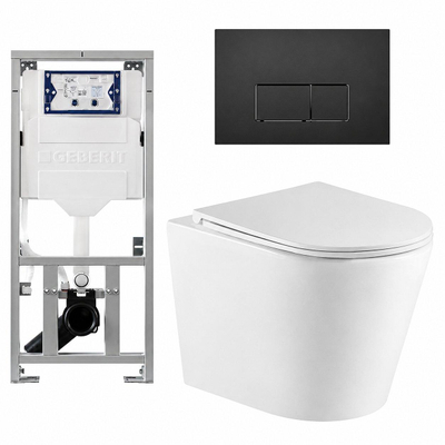 QeramiQ Dely Pack WC cuvette sans bride 36.3x51.7cm avec bâti-support Geberit UP320 abattant WC blanc mat frein de chute et plaque de commande noir mat boutons Rectangulaires