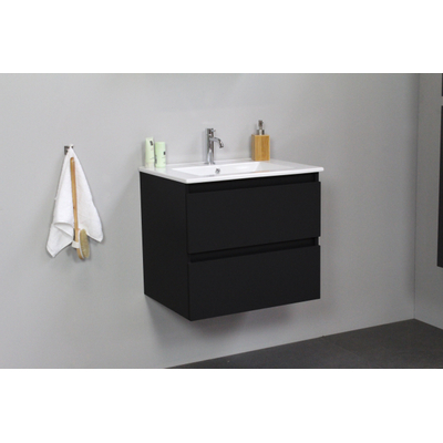 Basic Bella Meuble salle de bains avec lavabo céramique Blanc 60x55x46cm 1 trou de robinet Noir mat