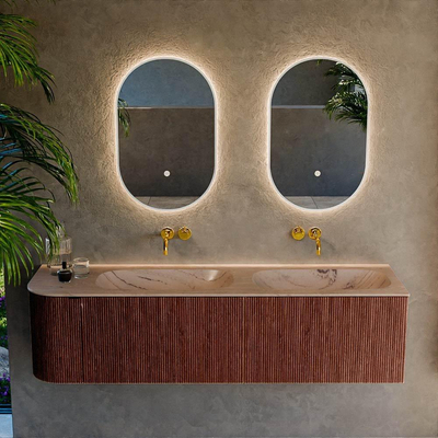 MONDIAZ KURVE-DLUX 165cm meuble de salle de bains arrondi à gauche couleur Ruby avec 2 tiroirs et 1 porte. Lavabo STOR SMALL Double / à droite sans trou de robinet Arena.