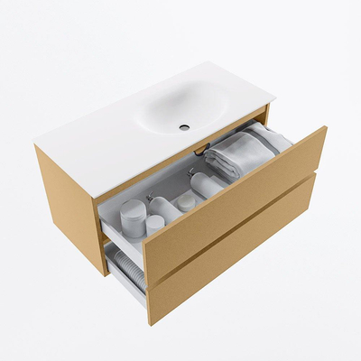 Mondiaz VICA ensemble de meuble de salle de bain - 100cm - meuble sous-vasque oro - 2 tiroirs - lavabo moon droite - 1 trou de robinet - version haute de 60cm - talc