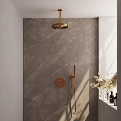 BRAUER Stripe Thermostatische Inbouw Regendouche - 3-weg - rond - SET 39 - 25cm douchekop - plafondarm - staaf handdouche - doucheslang - wandaansluitbocht - koper geborsteld PVD