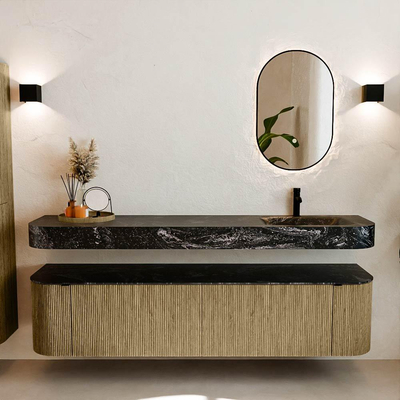 MONDIAZ THOR-DLUX Meuble de salle de bains 190cm arrondi gauche + droite couleur Dusk avec 2 tiroirs et 2 portes. Vasque suspendue CLOUD Droite 1 trou de robinet couleur Lava.