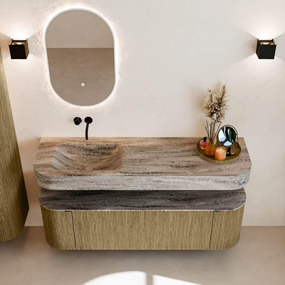 MONDIAZ THOR-DLUX 150cm meuble de salle de bains arrondi gauche + droite couleur Dusk avec 1 tiroir et 2 portes. Vasque suspendue CLOUD Gauche sans trou de robinet couleur Oza.