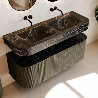 MONDIAZ THOR-DLUX 130cm meuble de salle de bains arrondi gauche + droite couleur Shadow avec 1 tiroir et 2 portes. Vasque suspendue CLOUD Double sans trou de robinet couleur Lava.