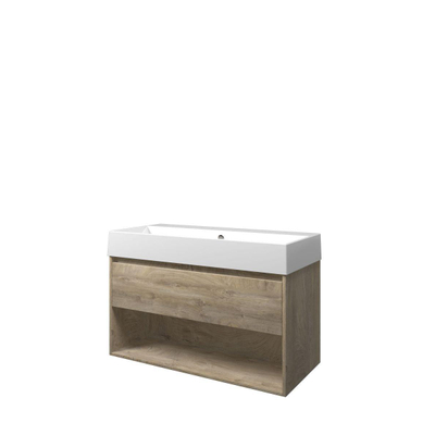 Proline Loft badkamermeubelset - 100x46x62cm - porselein Loft wastafel - 0 kraangaten - met schap - MFC Raw oak/Glans wit met spiegel SHOWROOMMODEL