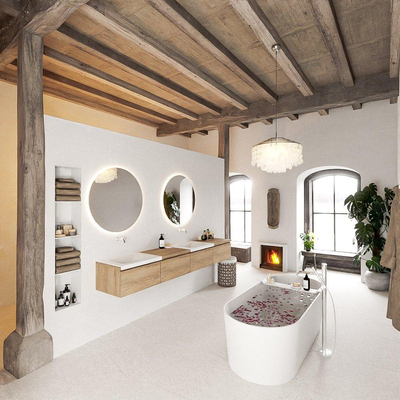 MONDIAZ BUKLA 240cm ensemble de meuble avec module 60 à droite couleur Chêne blanchi avec 4 tiroirs. Lavabo CLOUD double 0 trou de robinet couleur Talc.