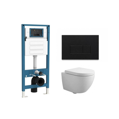QeramiQ Dely Swirl Compact Toiletset - inbouwreservoir QeramiQ flush - 25mm zitting - kunststof bedieningsplaat mat zwart - rechthoekige knoppen - mat wit