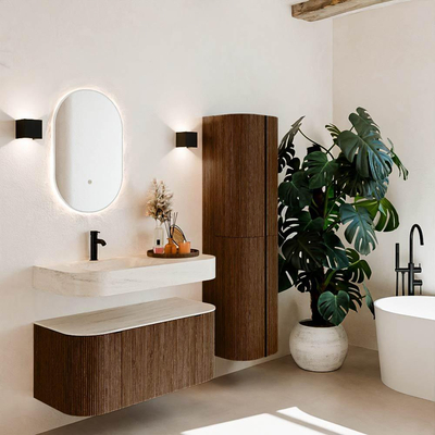 MONDIAZ THOR-DLUX 100cm meuble de salle de bains arrondi gauche + droite couleur Walnut avec 1 tiroir et 2 portes. Vasque suspendue CLOUD gauche 1 trou de robinet couleur Meli.