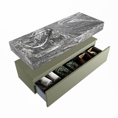 Mondiaz ALAN-DLUX Ensemble de meuble - 120cm - meuble Army mat - 1 tiroir - Lavabo Cloud Lava suspendu - vasque Gauche - 0 trous de robinet