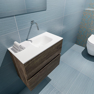 MONDIAZ ADA Meuble WC - 60x30x50cm - 0 trous de robinet - 2 tiroirs - dark brown mat - lavabo à droite - Solid surface - Blanc