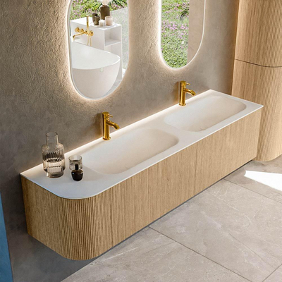 MONDIAZ KURVE 175cm Meuble salle de bain avec module 25 G - couleur Oak - 2 tiroirs - 1 porte - vasque BIG SMALL double / droite - 2 trous de robinet - Talc