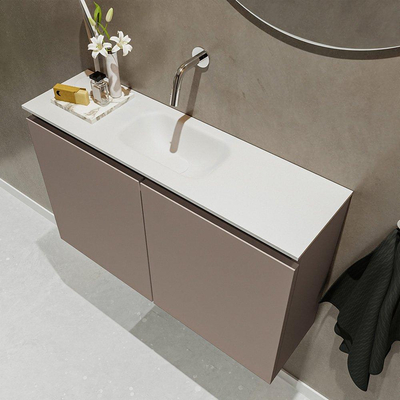 MONDIAZ TURE Toiletmeubel 80x23x50cm met 0 kraangaten 2 deuren smoke mat Wastafel Eden midden Solid Surface Wit