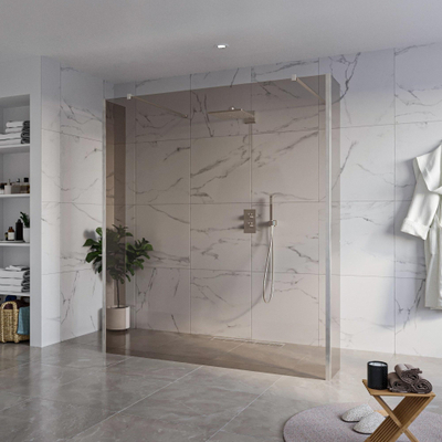 FugaFlow Eccelente Vetro Douche à l'italienne libre - 180x200cm - Verre fumé - anti-calcaire - verre de sécurité 8mm - 2 parois latérales 30cm - avec bras muraux et profils d'angle - inox brossé -