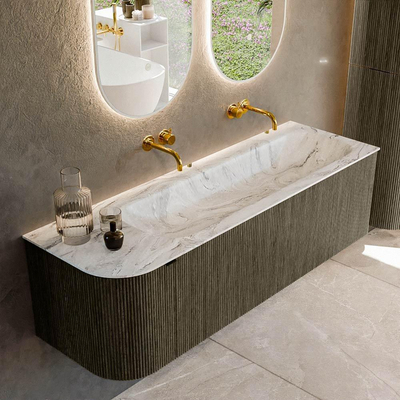 Mondiaz KURVE-DLUX Ensemble de meuble salle de bain - 145x46x40cm - 1 tiroir - 1 porte - lavabo en solid surface - droite - sans trou de robinet - Shadow