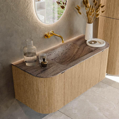 MONDIAZ KURVE-DLUX 110cm badmeubel ronding Links + Rechts kleur Oak met 1 lade en 2 deuren. Wastafel CLOUD Midden zonder kraangat Oza.