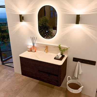 Mondiaz CIRO-DLUX Badkamermeubelset - 100x45x50cm - Solid surface wastafel Meli - 1 wasbak Midden - 1 kraangat - 2 lades - Walnut