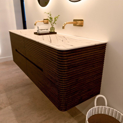 Mondiaz CIRO-DLUX Badkamermeubelset - 150x45x50cm - Solid surface wastafel Nata - 2 wasbak Dubbel - zonder kraangaten - 4 lades - Walnut