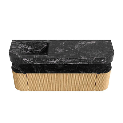 MONDIAZ THOR-DLUX 160cm meuble de salle de bains arrondi gauche + droite couleur Oak avec 1 tiroir et 2 portes. Vasque suspendue CLOUD Gauche sans trou de robinet couleur Lava.