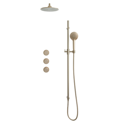 Fortifura Nebbio Regendoucheset - inbouwkraan - inbouwdeel - glijstang - doucheslang metaal - ronde handdouche - 35cm wandarm - 30cm ronde hoofddouche - PVD - geborsteld messing (goud)