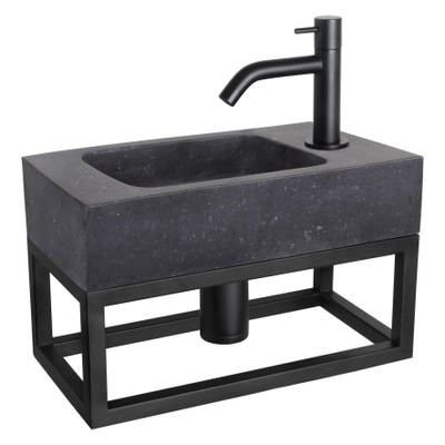 Differnz Force Fonteinset 40x22x9cm 1 kraangat gebogen mat zwarte kraan met sifon en afvoerplug fontein Rechthoek Natuursteen Zwart OUTLET UDEN