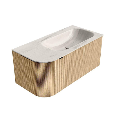 MONDIAZ KURVE-DLUX Meuble de salle de bains 95cm arrondi gauche couleur Chêne avec 1 tiroir et 1 porte. Lavabo BIG SMALL Droite 1 trou de robinet Meli.