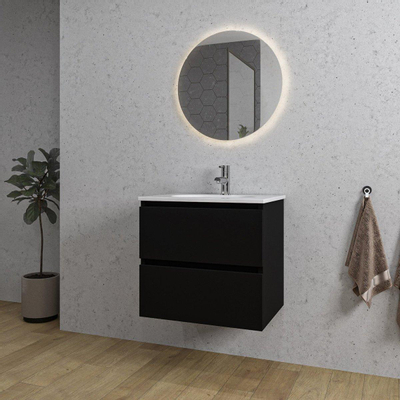 Saniclass Chaci Ensemble meuble de salle de bains - 60x46x55cm - lavabo en céramique blanc - 1 vasque ovale - 1 trou de robinet - 2 tiroirs - noir mat