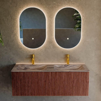 MONDIAZ KURVE-DLUX Meuble de salle de bains 120 cm couleur Ruby avec 1 tiroir et 0 porte. Lavabo LEAF Double 2 trous de robinet Sombra.