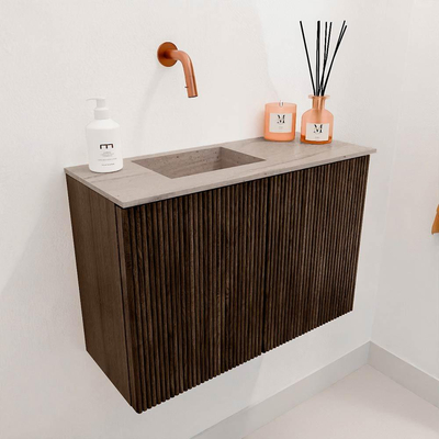 Mondiaz JOYA-DLUX 60cm toiletmeubel - kleur Walnut - Wastafel FAYE positie Links Zonder kraangat kleur Saba.