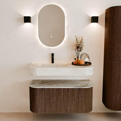 MONDIAZ THOR-DLUX Meuble de salle de bains 100cm arrondi gauche + droite couleur Walnut avec 1 tiroir et 2 portes. Vasque suspendue CLOUD Gauche 1 trou de robinet couleur Frappe.