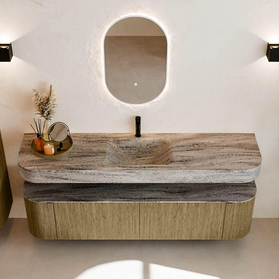 MONDIAZ THOR-DLUX Meuble de salle de bains - 180cm - arrondi gauche + droite - couleur Dusk - 2 tiroirs - 2 portes - Vasque suspendue CLOUD Milieu 1 trou de robinet couleur Oza