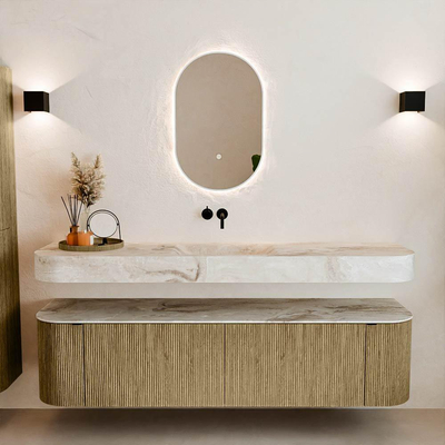 MONDIAZ THOR-DLUX 180cm meuble de salle de bains arrondi gauche + droite couleur Dusk avec 2 tiroirs et 2 portes. Vasque suspendue CLOUD Milieu sans trou de robinet couleur Frappe.