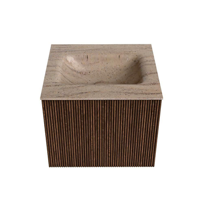 MONDIAZ KURVE-DLUX 50cm badmeubel kleur Walnut met 1 lade en 0 deuren. Wastafel GRUNNE Midden zonder kraangat Saba.