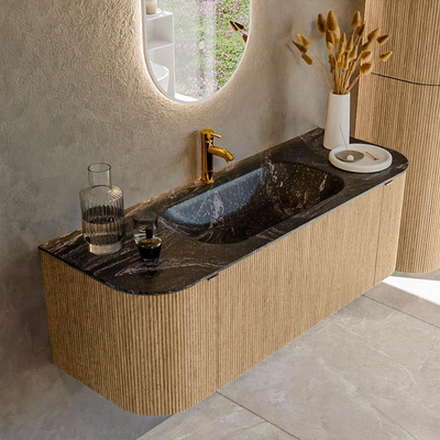 MONDIAZ KURVE-DLUX 130cm badmeubel met module 25 Len R kleur Oak met 1 lade en 2 deuren. Wastafel BIG SMALL midden 1 kraangat kleur Lava.