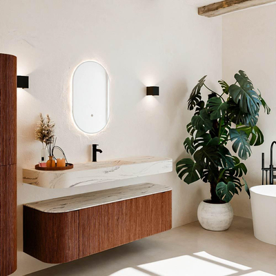 MONDIAZ THOR-DLUX 150cm meuble de salle de bains arrondi gauche + droite couleur Ruby avec 1 tiroir et 2 portes. Vasque suspendue CLOUD Milieu 1 trou de robinet couleur Nata.