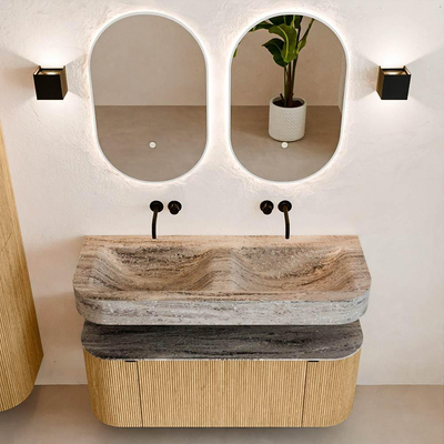 MONDIAZ THOR-DLUX 120cm badmeubel ronding links + rechts kleur Oak met 1 lade en 2 deuren. Vrijhangende wastafel CLOUD Dubbel zonder kraangat kleur Oza.