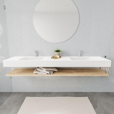 MONDIAZ ALAN 200cm - Ensemble meuble de salle de bains - étagère - chêne blanchi - lavabo suspendu - 2 vasques - 2 trous de robinetterie - talc