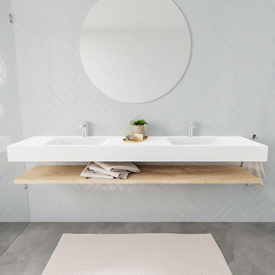 MONDIAZ ALAN 200cm - Ensemble meuble de salle de bains - étagère - chêne blanchi - lavabo suspendu - 2 vasques - 2 trous de robinetterie - talc