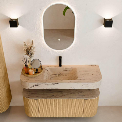 MONDIAZ THOR-DLUX Meuble de salle de bains 120cm arrondi gauche + droite couleur Oak avec 1 tiroir et 2 portes. Vasque suspendue CLOUD Milieu 1 trou de robinet couleur Arena.