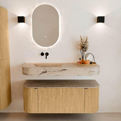 MONDIAZ THOR-DLUX 120cm badmeubel ronding links + rechts kleur Oak met 1 lade en 2 deuren. Vrijhangende wastafel CLOUD Links zonder kraangat kleur Arena.