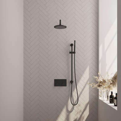 BRAUER Black Carving Douche de pluie thermostatique encastrée - boutons-poussoirs - SET 63 - pomme de douche 20cm - bras mural courbé - douchette barre - flexible de douche - barre de douche intégrée - noir mat