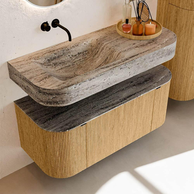 MONDIAZ THOR-DLUX 110cm badmeubel ronding links + rechts kleur Oak met 1 lade en 2 deuren. Vrijhangende wastafel CLOUD Links zonder kraangat kleur Oza.