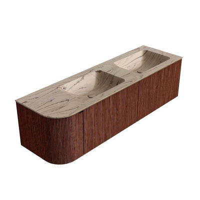 MONDIAZ KURVE-DLUX Meuble de salle de bains 155cm arrondi à gauche couleur Ruby avec 2 tiroirs et 1 porte. Lavabo LEAF Double / Droite 2 trous de robinet Arena.