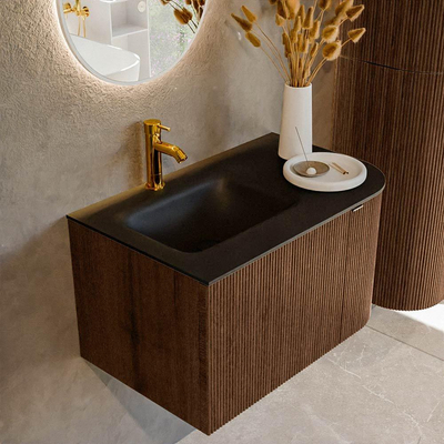 MONDIAZ KURVE 75cm badmeubel met module 25 R kleur Walnut met 1 lade en 1 deur. Wastafel GRUNNE links 1 kraangat Urban.