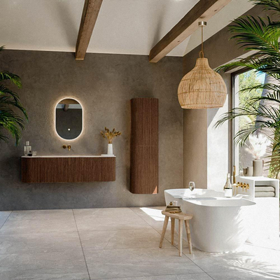 MONDIAZ KURVE-DLUX Meuble de salle de bains 150cm courbure Gauche + Droite couleur Walnut avec 1 tiroir et 2 portes. Lavabo BIG MEDIUM Central sans trou de robinet Nata.