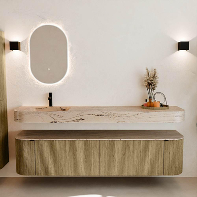 MONDIAZ THOR-DLUX 190cm meuble de salle de bains arrondi gauche + droite couleur Dusk avec 2 tiroirs et 2 portes. Vasque suspendue CLOUD Gauche 1 trou de robinet couleur Arena.