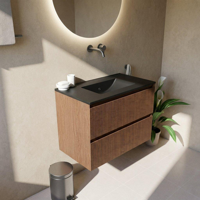Saniclass Holz Atelier Ensemble de meubles de salle de bains - 80x45x62cm - lavabo Vygo en céramique noir - 1 vasque - sans trou de robinet - 2 tiroirs - walnut pure mat (bois)